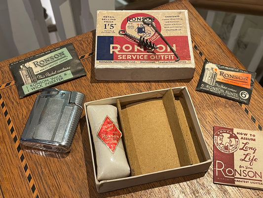 Vintage Ronson Gas Lighter with Original Ronson Petrol Service Outfit – Made in England (c.1950s)