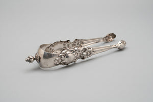 Antique Continental Silver Sugar Tongs – Rococo Revival Figural Decoration with Monogram (c.1900)