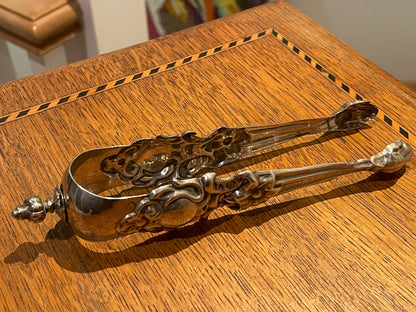Antique Continental Silver Sugar Tongs – Rococo Revival Figural Decoration with Monogram (c.1900)