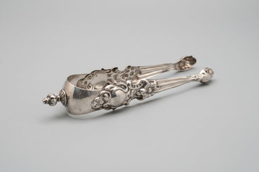Antique Continental Silver Sugar Tongs – Rococo Revival Figural Decoration with Monogram (c.1900)