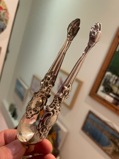 Antique Continental Silver Sugar Tongs – Rococo Revival Figural Decoration with Monogram (c.1900)