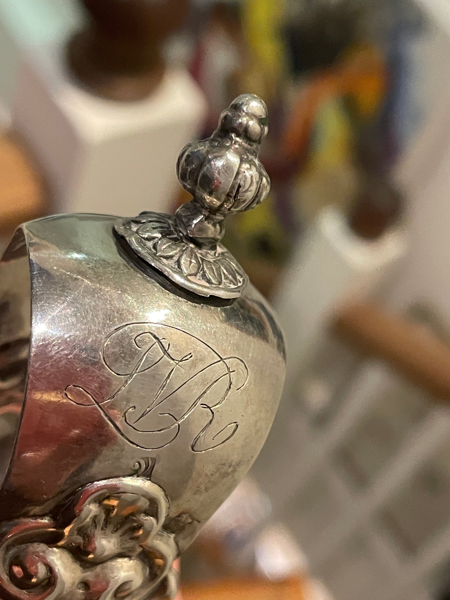 Antique Continental Silver Sugar Tongs – Rococo Revival Figural Decoration with Monogram (c.1900)