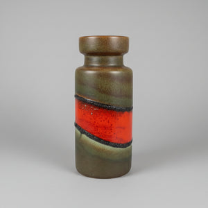Vintage West German Fat Lava Floor Vase – Orange Lava Band & Green Glaze, 30cm Tall