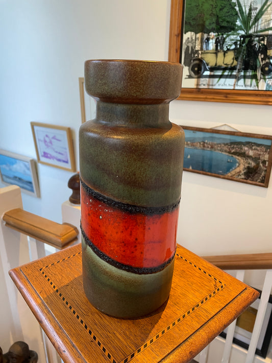Vintage West German Fat Lava Floor Vase – Orange Lava Band & Green Glaze, 30cm Tall