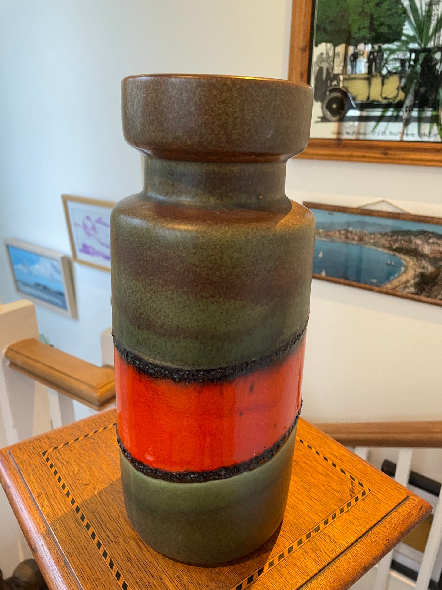 Vintage West German Fat Lava Floor Vase – Orange Lava Band & Green Glaze, 30cm Tall