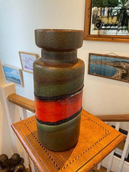 Vintage West German Fat Lava Floor Vase – Orange Lava Band & Green Glaze, 30cm Tall
