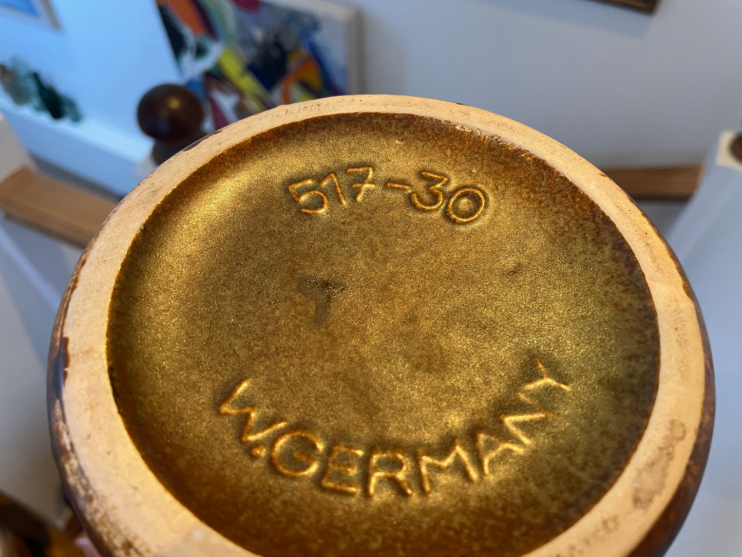 Vintage West German Fat Lava Floor Vase – Orange Lava Band & Green Glaze, 30cm Tall