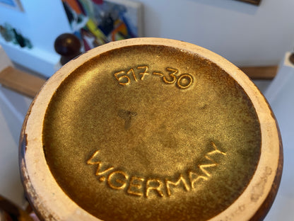 Vintage West German Fat Lava Floor Vase – Orange Lava Band & Green Glaze, 30cm Tall