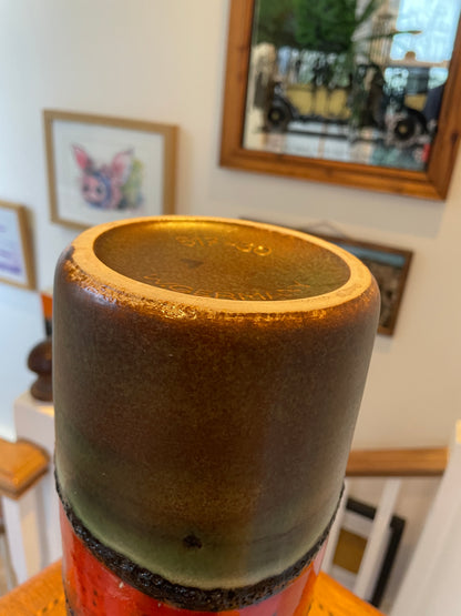 Vintage West German Fat Lava Floor Vase – Orange Lava Band & Green Glaze, 30cm Tall