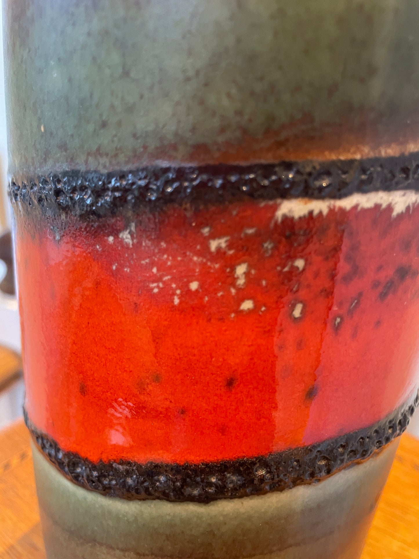 Vintage West German Fat Lava Floor Vase – Orange Lava Band & Green Glaze, 30cm Tall