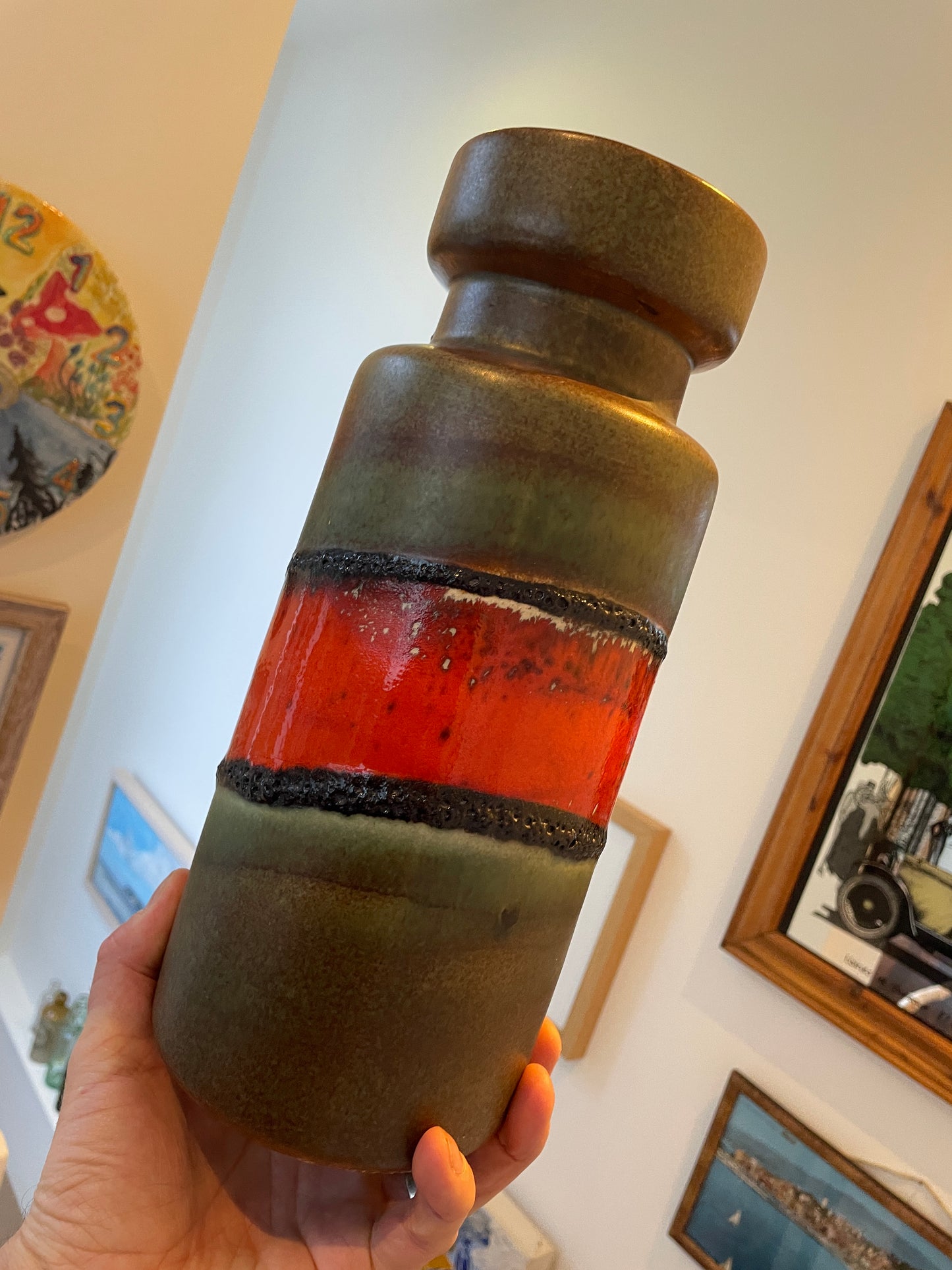 Vintage West German Fat Lava Floor Vase – Orange Lava Band & Green Glaze, 30cm Tall