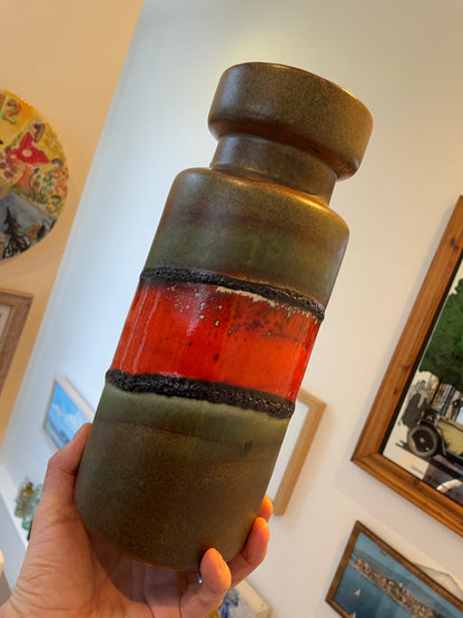 Vintage West German Fat Lava Floor Vase – Orange Lava Band & Green Glaze, 30cm Tall