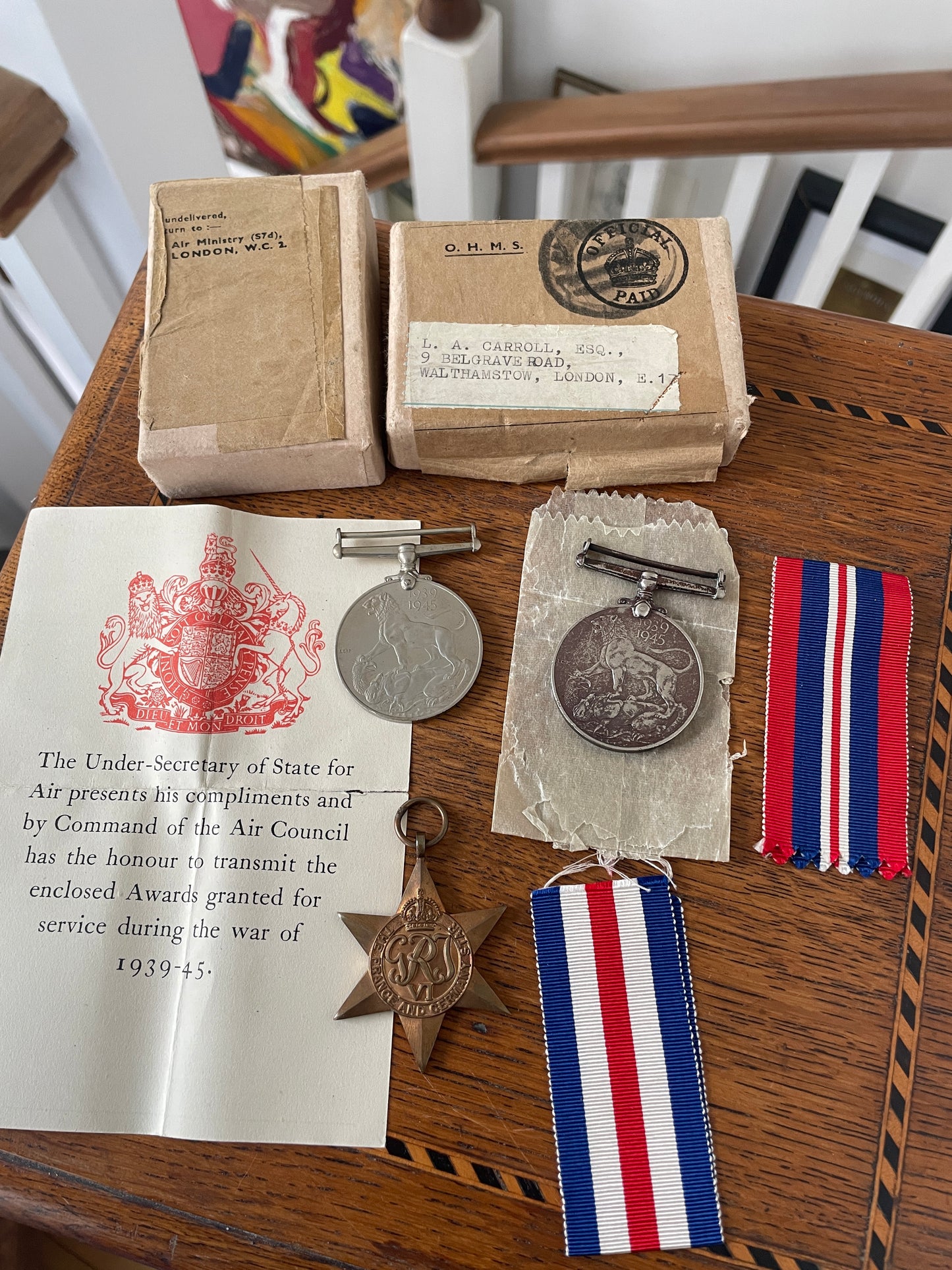 WWII British Campaign Medals Group – 1939–45 Star, Defence Medal & War Medal, Boxed & Named