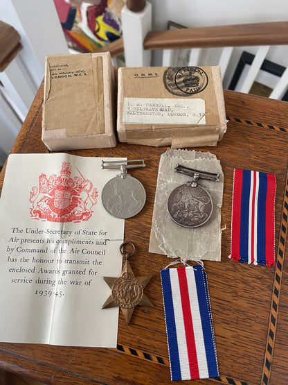 WWII British Campaign Medals Group – 1939–45 Star, Defence Medal & War Medal, Boxed & Named
