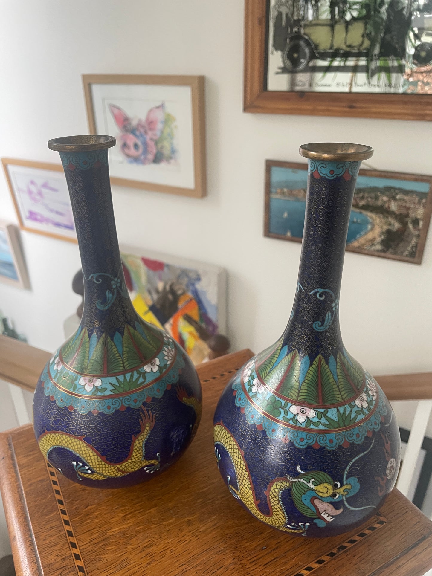 Pair of Chinese Cloisonné Vases – Blue Ground with Dragon Decoration, Brass Rims (26cm Tall, 20th Century)
