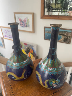 Pair of Chinese Cloisonné Vases – Blue Ground with Dragon Decoration, Brass Rims (26cm Tall, 20th Century)