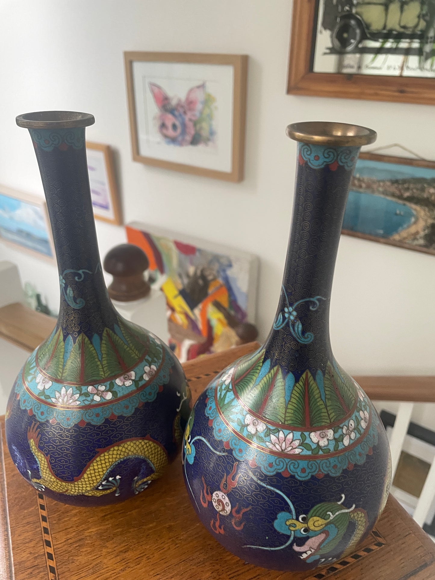 Pair of Chinese Cloisonné Vases – Blue Ground with Dragon Decoration, Brass Rims (26cm Tall, 20th Century)