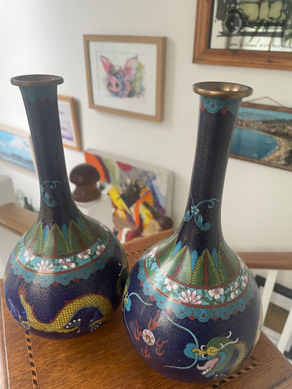 Pair of Chinese Cloisonné Vases – Blue Ground with Dragon Decoration, Brass Rims (26cm Tall, 20th Century)