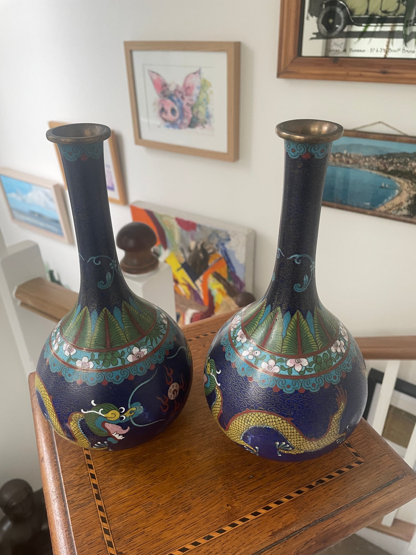 Pair of Chinese Cloisonné Vases – Blue Ground with Dragon Decoration, Brass Rims (26cm Tall, 20th Century)