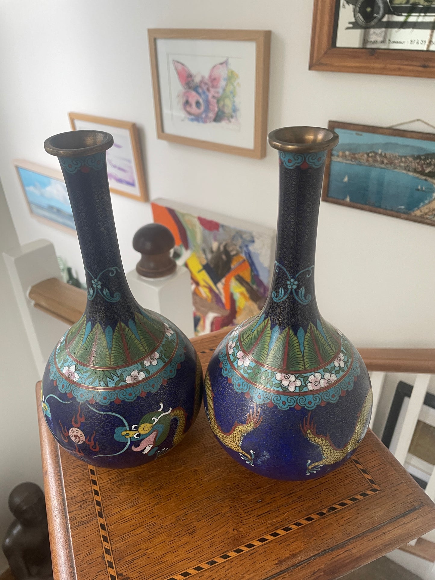 Pair of Chinese Cloisonné Vases – Blue Ground with Dragon Decoration, Brass Rims (26cm Tall, 20th Century)