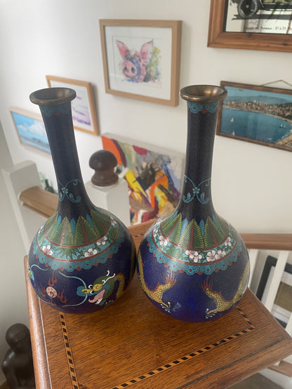 Pair of Chinese Cloisonné Vases – Blue Ground with Dragon Decoration, Brass Rims (26cm Tall, 20th Century)