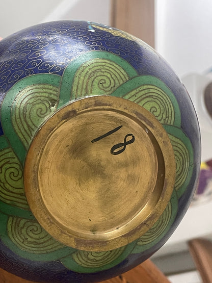 Pair of Chinese Cloisonné Vases – Blue Ground with Dragon Decoration, Brass Rims (26cm Tall, 20th Century)
