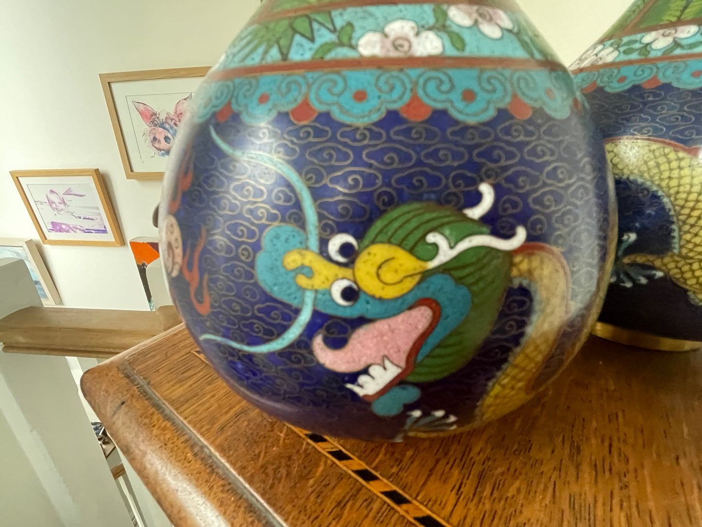 Pair of Chinese Cloisonné Vases – Blue Ground with Dragon Decoration, Brass Rims (26cm Tall, 20th Century)