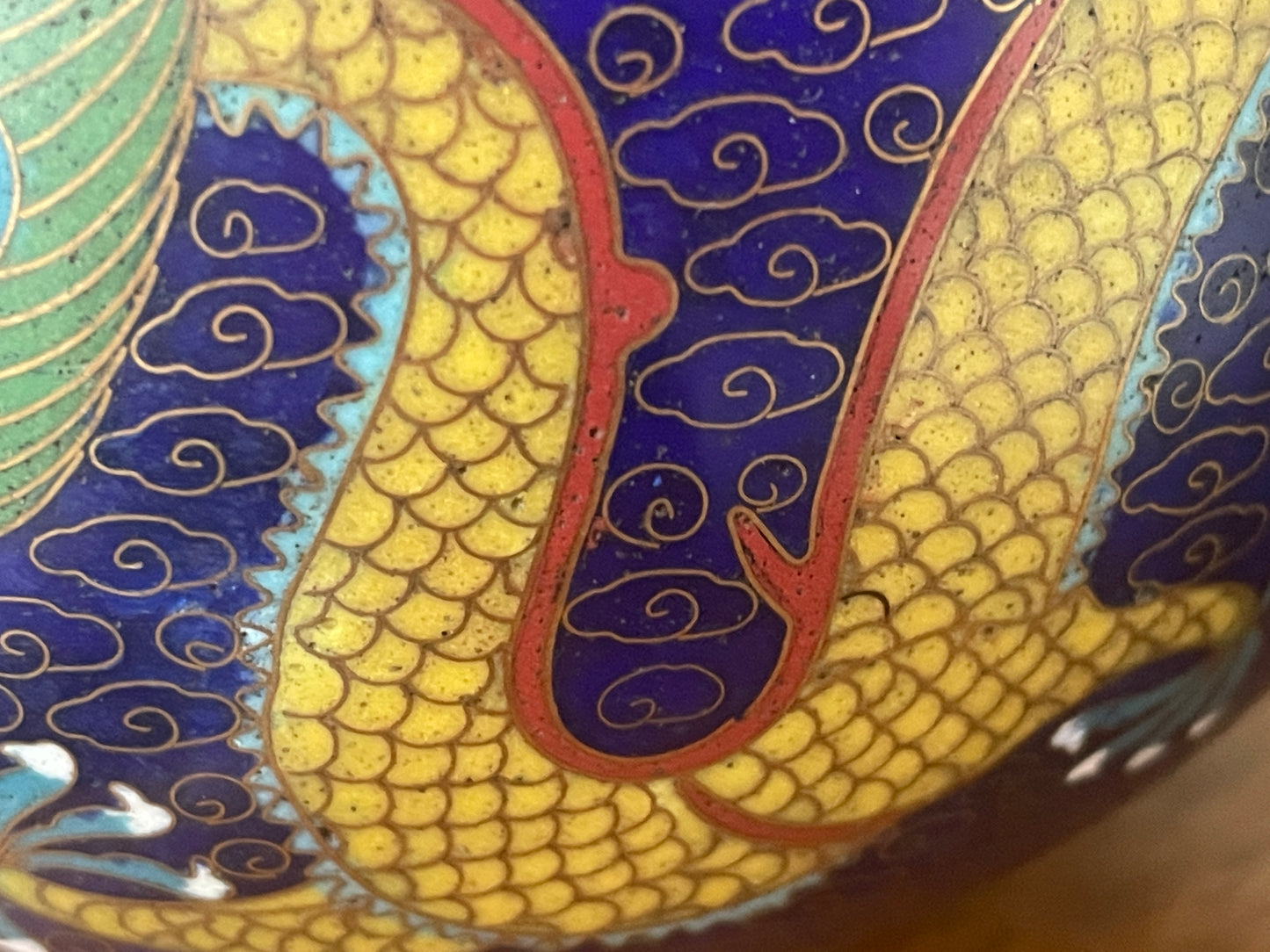 Pair of Chinese Cloisonné Vases – Blue Ground with Dragon Decoration, Brass Rims (26cm Tall, 20th Century)