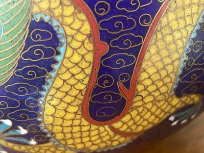 Pair of Chinese Cloisonné Vases – Blue Ground with Dragon Decoration, Brass Rims (26cm Tall, 20th Century)