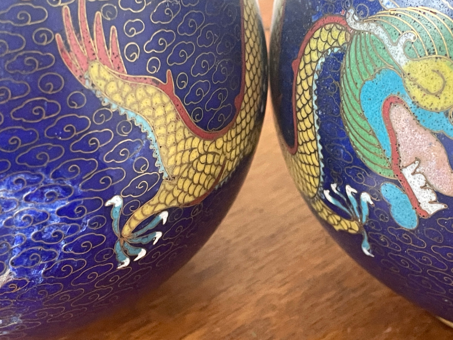 Pair of Chinese Cloisonné Vases – Blue Ground with Dragon Decoration, Brass Rims (26cm Tall, 20th Century)