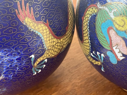 Pair of Chinese Cloisonné Vases – Blue Ground with Dragon Decoration, Brass Rims (26cm Tall, 20th Century)