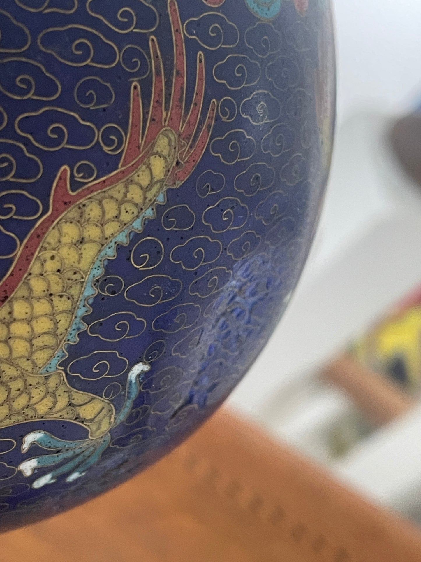 Pair of Chinese Cloisonné Vases – Blue Ground with Dragon Decoration, Brass Rims (26cm Tall, 20th Century)