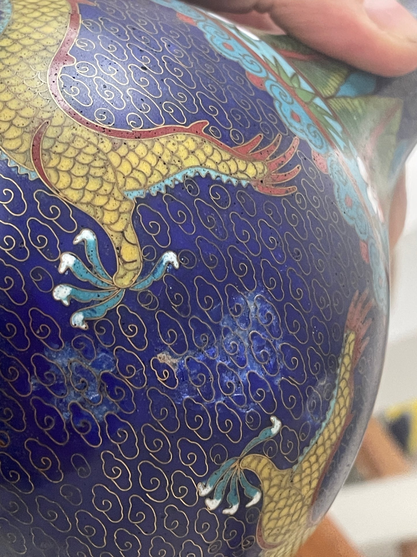 Pair of Chinese Cloisonné Vases – Blue Ground with Dragon Decoration, Brass Rims (26cm Tall, 20th Century)