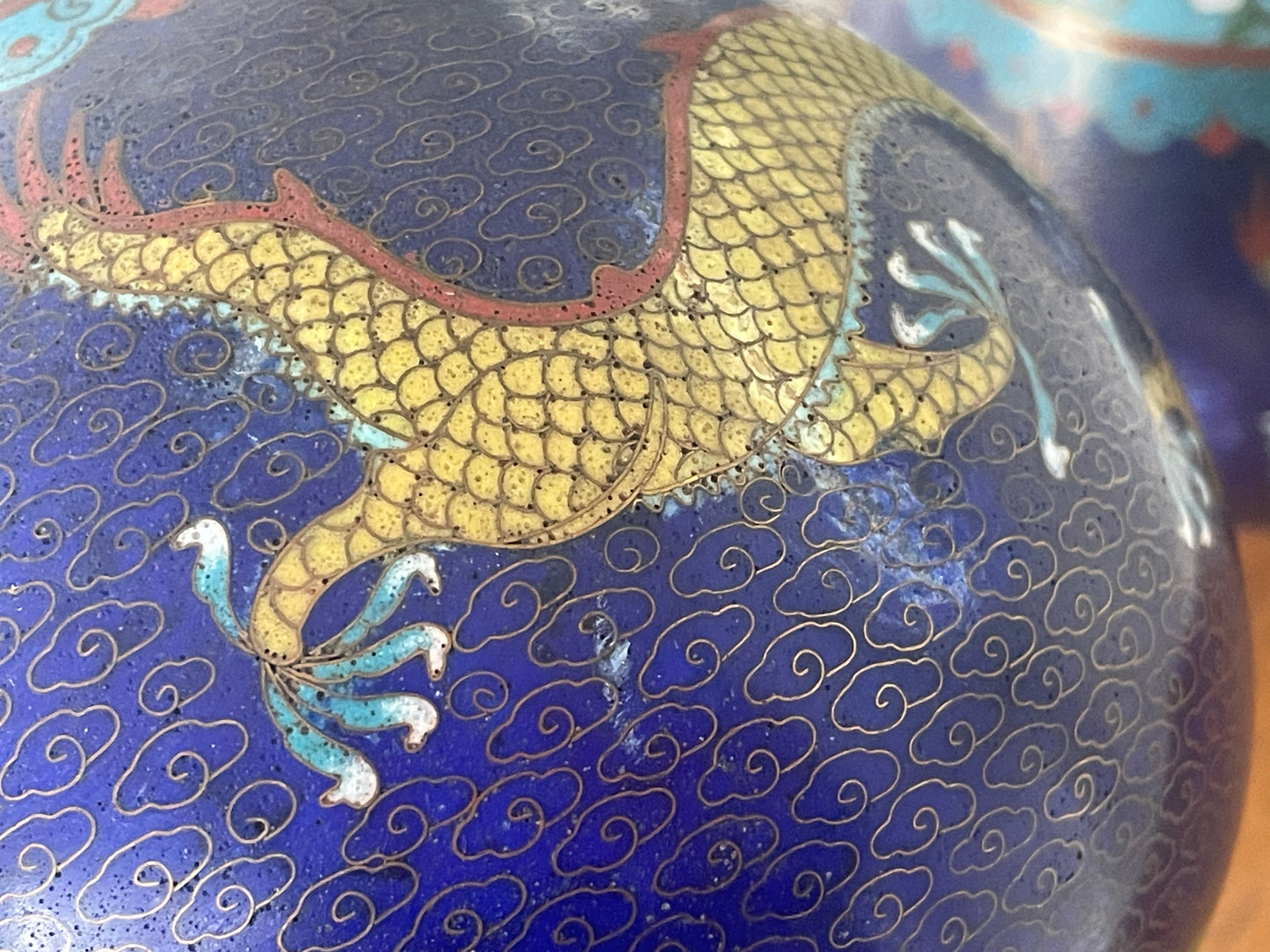 Pair of Chinese Cloisonné Vases – Blue Ground with Dragon Decoration, Brass Rims (26cm Tall, 20th Century)