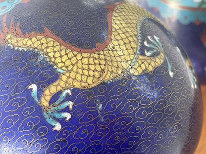 Pair of Chinese Cloisonné Vases – Blue Ground with Dragon Decoration, Brass Rims (26cm Tall, 20th Century)