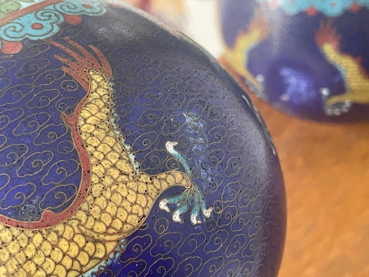 Pair of Chinese Cloisonné Vases – Blue Ground with Dragon Decoration, Brass Rims (26cm Tall, 20th Century)