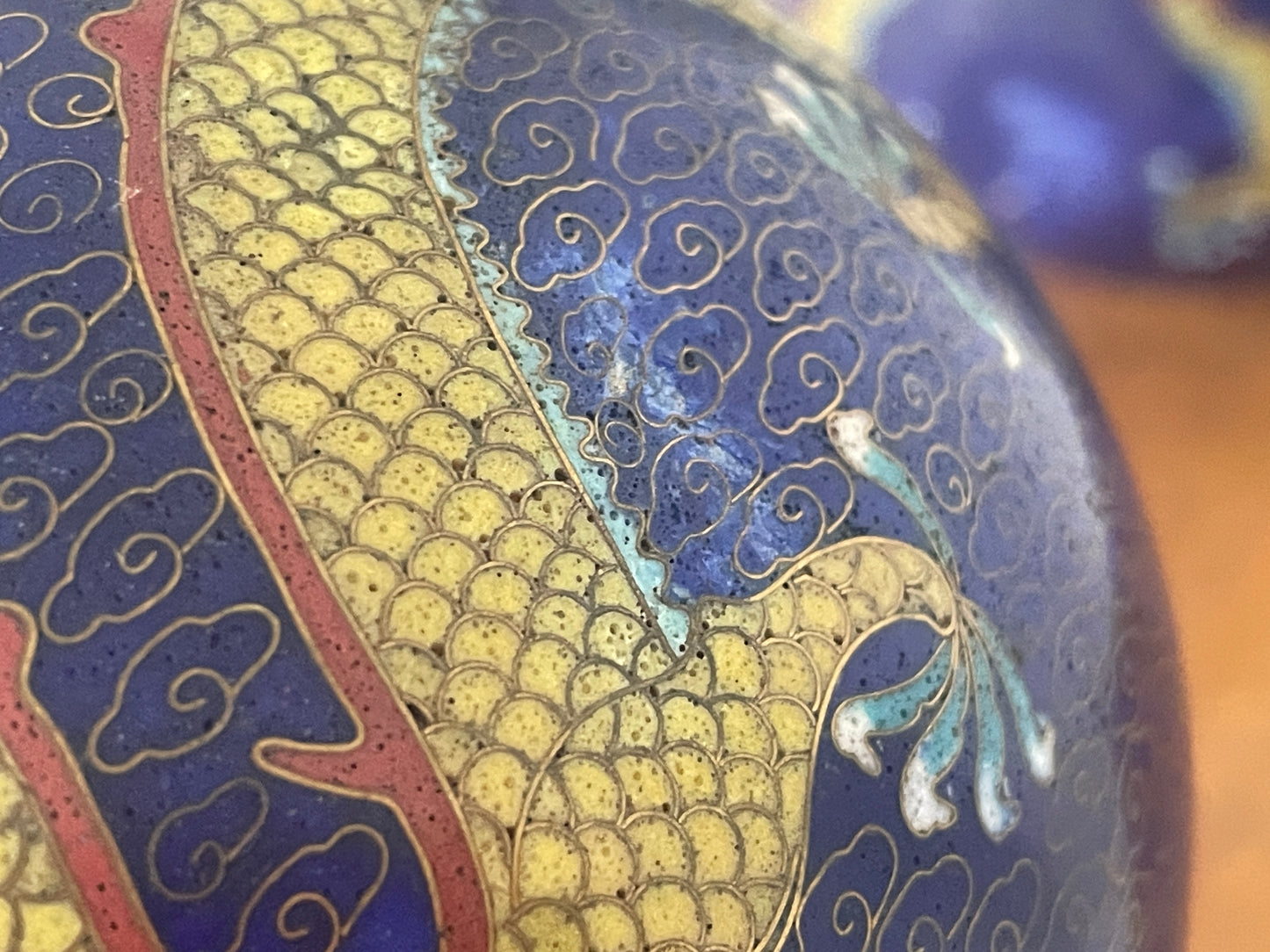 Pair of Chinese Cloisonné Vases – Blue Ground with Dragon Decoration, Brass Rims (26cm Tall, 20th Century)
