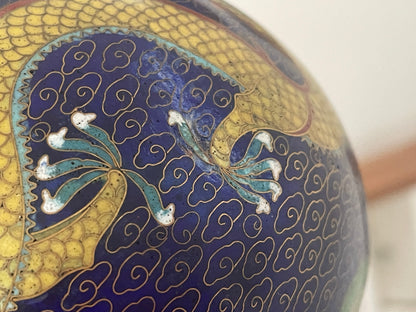 Pair of Chinese Cloisonné Vases – Blue Ground with Dragon Decoration, Brass Rims (26cm Tall, 20th Century)