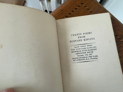 Antique Hardback Poetry Book – Twenty Poems from Rudyard Kipling Special Limited Edition, Kipling Memorial Fund Banquet (1937)