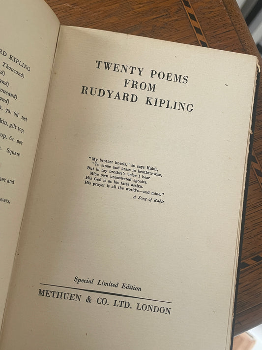 Antique Hardback Poetry Book – Twenty Poems from Rudyard Kipling Special Limited Edition, Kipling Memorial Fund Banquet (1937)