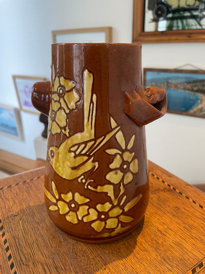 Antique English Barnstaple Pottery Vase – W.L. Baron Sgraffito Bird Design (c.1894)
