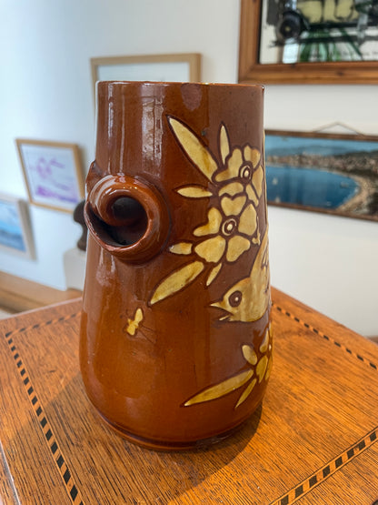 Antique English Barnstaple Pottery Vase – W.L. Baron Sgraffito Bird Design (c.1894)