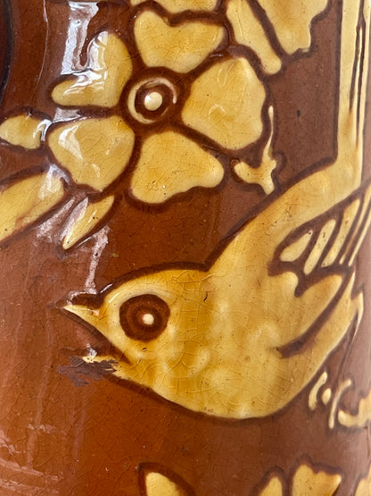 Antique English Barnstaple Pottery Vase – W.L. Baron Sgraffito Bird Design (c.1894)
