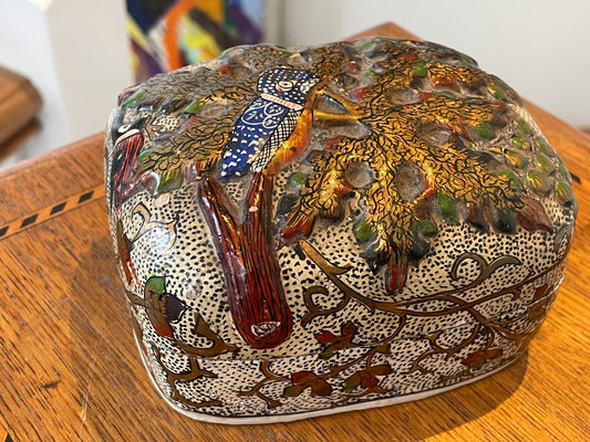 Vintage Indian Lacquered Papier Mache Jewellery Box – Hand Painted Bird and Grape Design (c.20th Century)