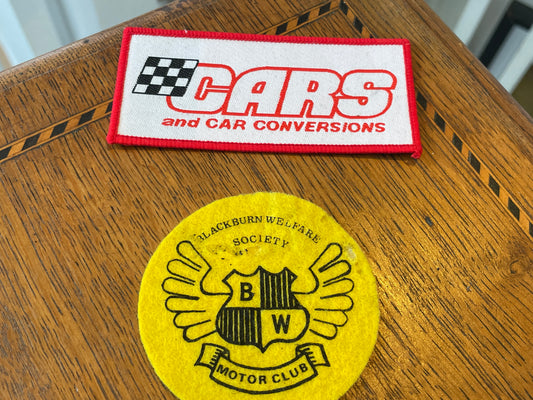 Vintage CARS and Car Conversions Patch and Blackburn Welfare Society Motor Club Felt Badge (c.1970s–1980s)