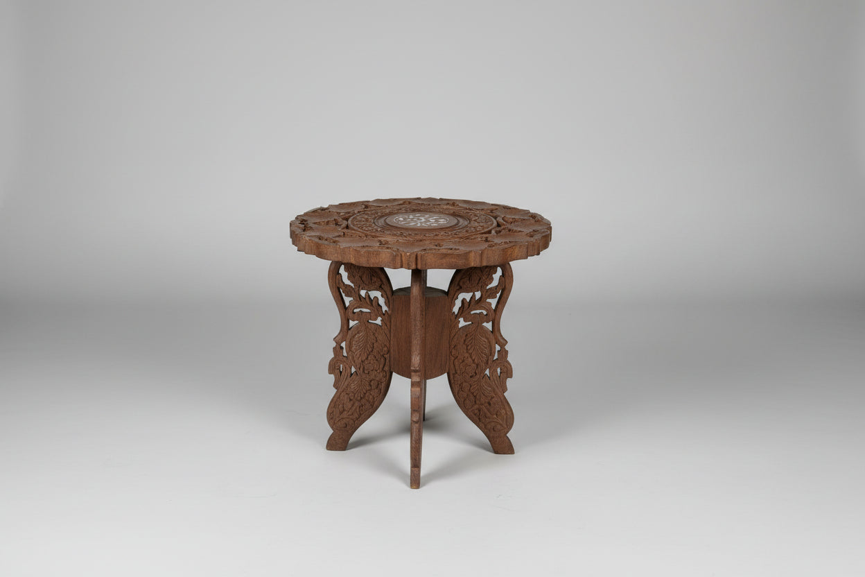 Antique Indian Carved Hardwood Folding Table – Bone Inlaid Top with Foliate Pierced Decoration (c.1900)