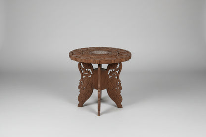 Antique Indian Carved Hardwood Folding Table – Bone Inlaid Top with Foliate Pierced Decoration (c.1900)