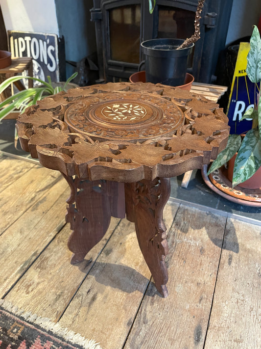 Antique Indian Carved Hardwood Folding Table – Bone Inlaid Top with Foliate Pierced Decoration (c.1900)