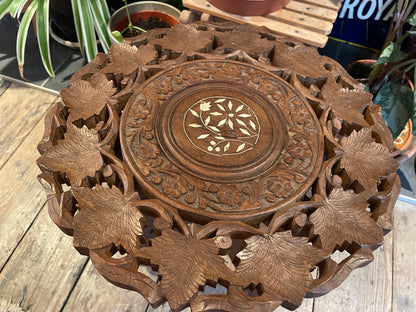 Antique Indian Carved Hardwood Folding Table – Bone Inlaid Top with Foliate Pierced Decoration (c.1900)