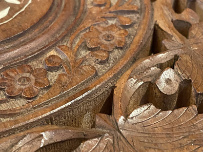 Antique Indian Carved Hardwood Folding Table – Bone Inlaid Top with Foliate Pierced Decoration (c.1900)